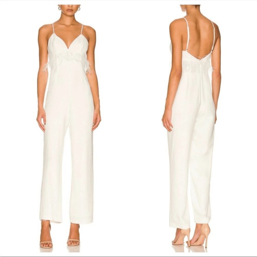 New! Saylor Krysta Feather-embellished Satin Jumpsuit In White nwt 30888